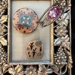 Vintage Mexican Alpaca Pink Bracelet & Alice Seely Brooch & a Button
